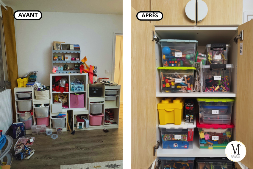 organiser une chambre d'enfant partagée avant-après d'une chambre d'enfant encombrée.